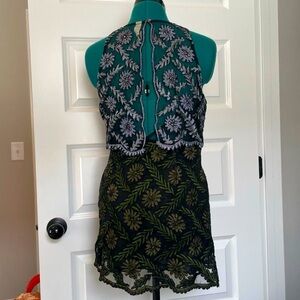 Free People green, silver, and black floral lace dress with open back panels